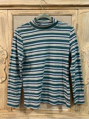 Karen Scott Green, White and Blue Striped Mock Neck Top
